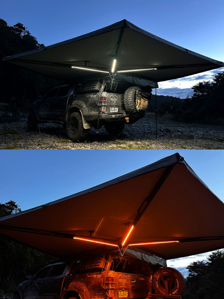 Two photos showing the Lucas Creek 270 awning lights - top photo on white colour and bottom photo on amber colour so as not to attract the insects
