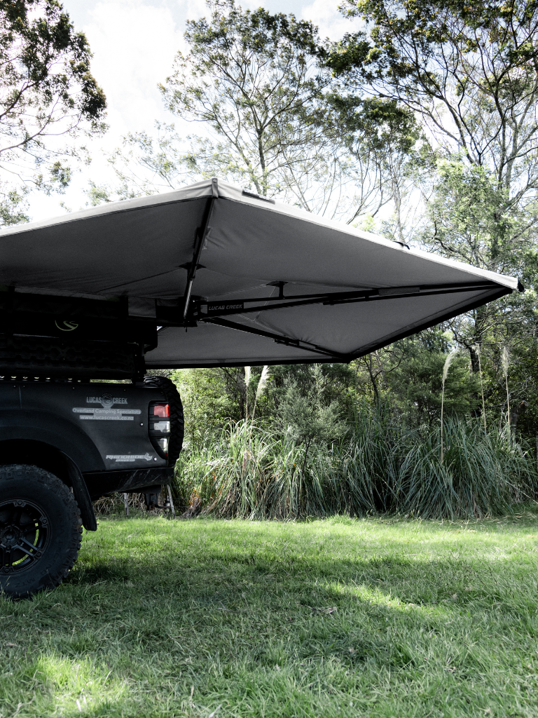 Lucas Creek 270 Fantail Free standing awning underside showing truss arms and lights