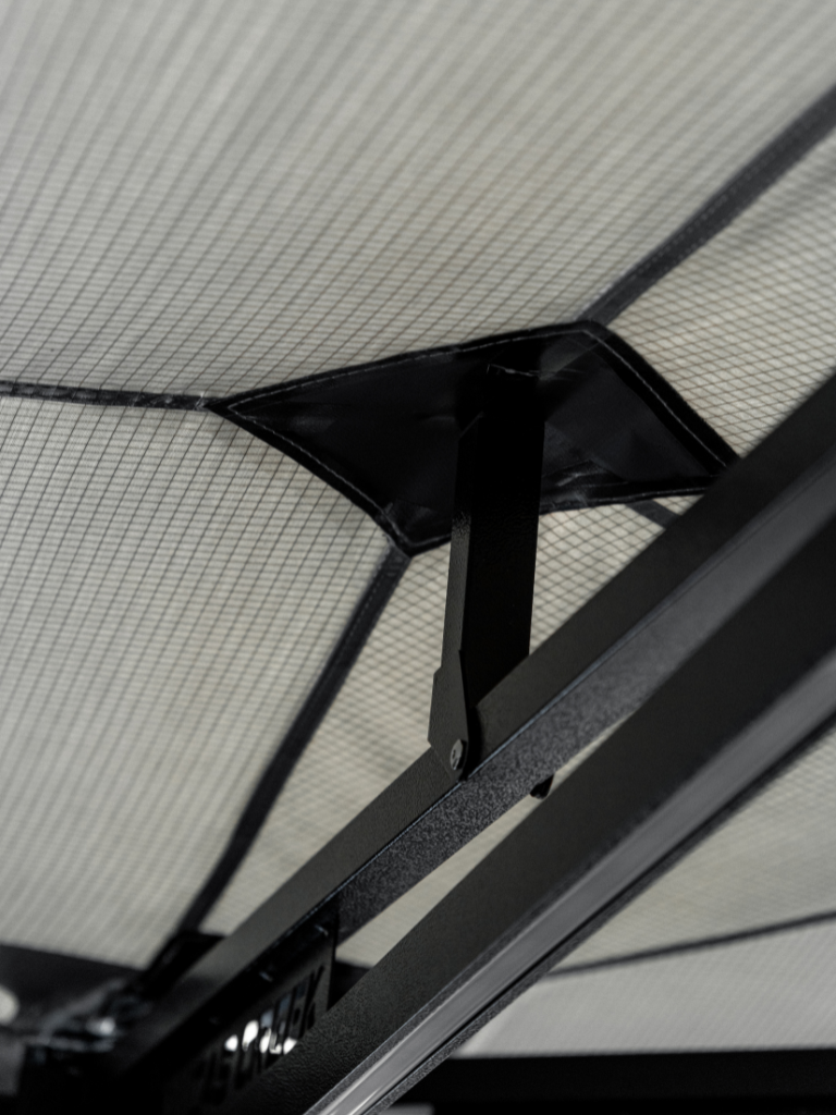 Lucas Creek 270 Fantail awning pop up arms to aid water run off in the rain