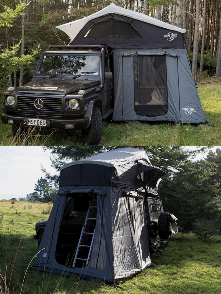 A Lucas creek soft shell roof top tent open on a vehicle with the annex room attached.