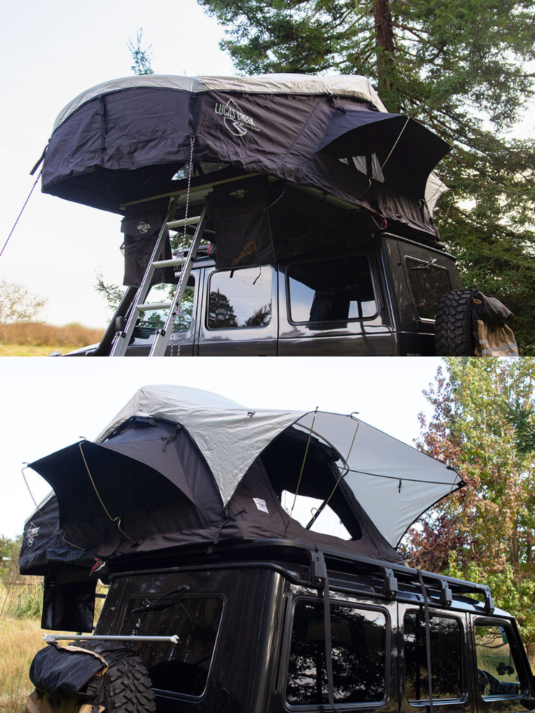 A Lucas Creek soft shell roof top tent open on a vehicle showing the ladder cover access and rain fly.