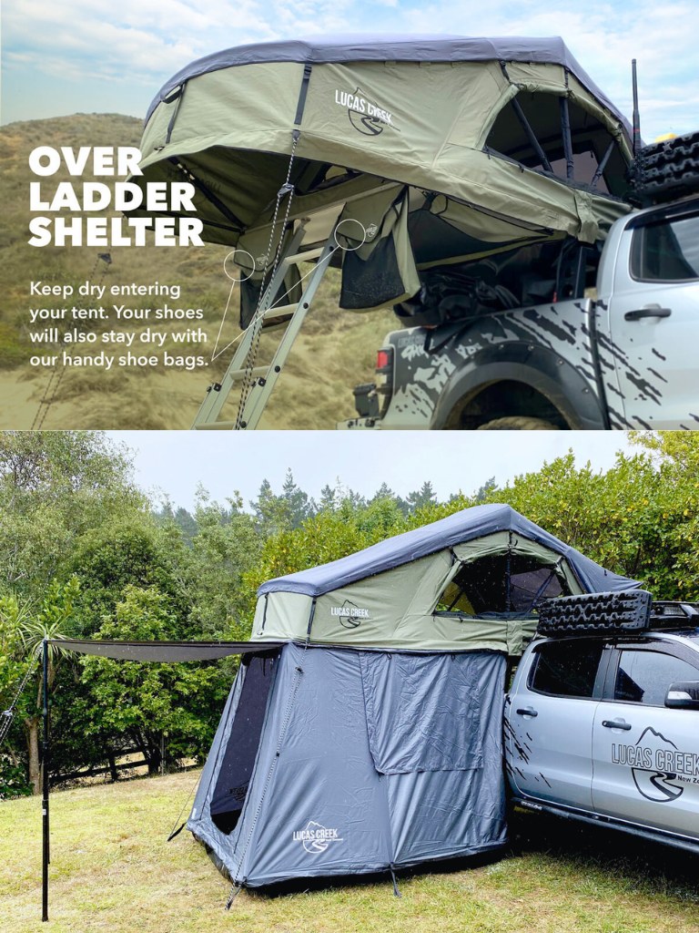 A green Lucas Creek soft shell roof top tent with ladder cover and annex.