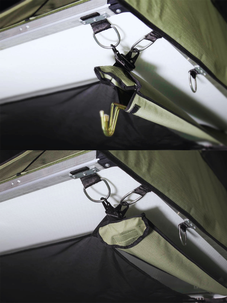 A Lucas Creek soft shell roof top tent showing the rain fly spring pole pocket.