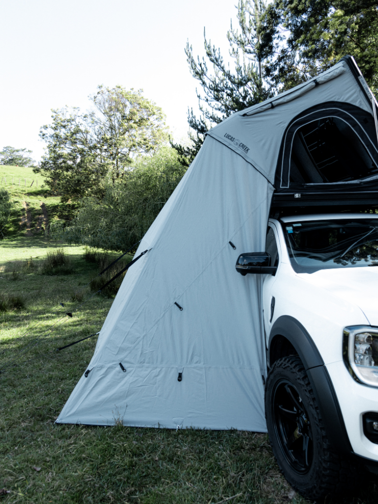 Side view of the optional 3 wall annex for the D-Luxe hard shell roof top tent closed