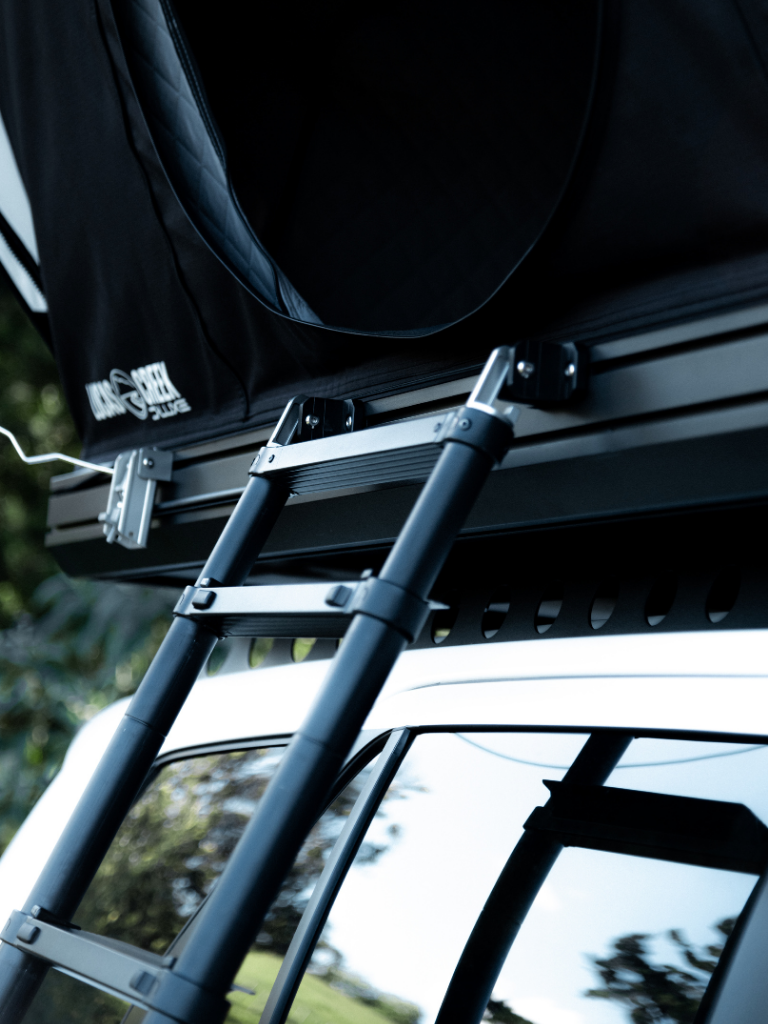 Close up photo of the ladder hooked onto our noise free ladder receivers - no more squeaky ladder