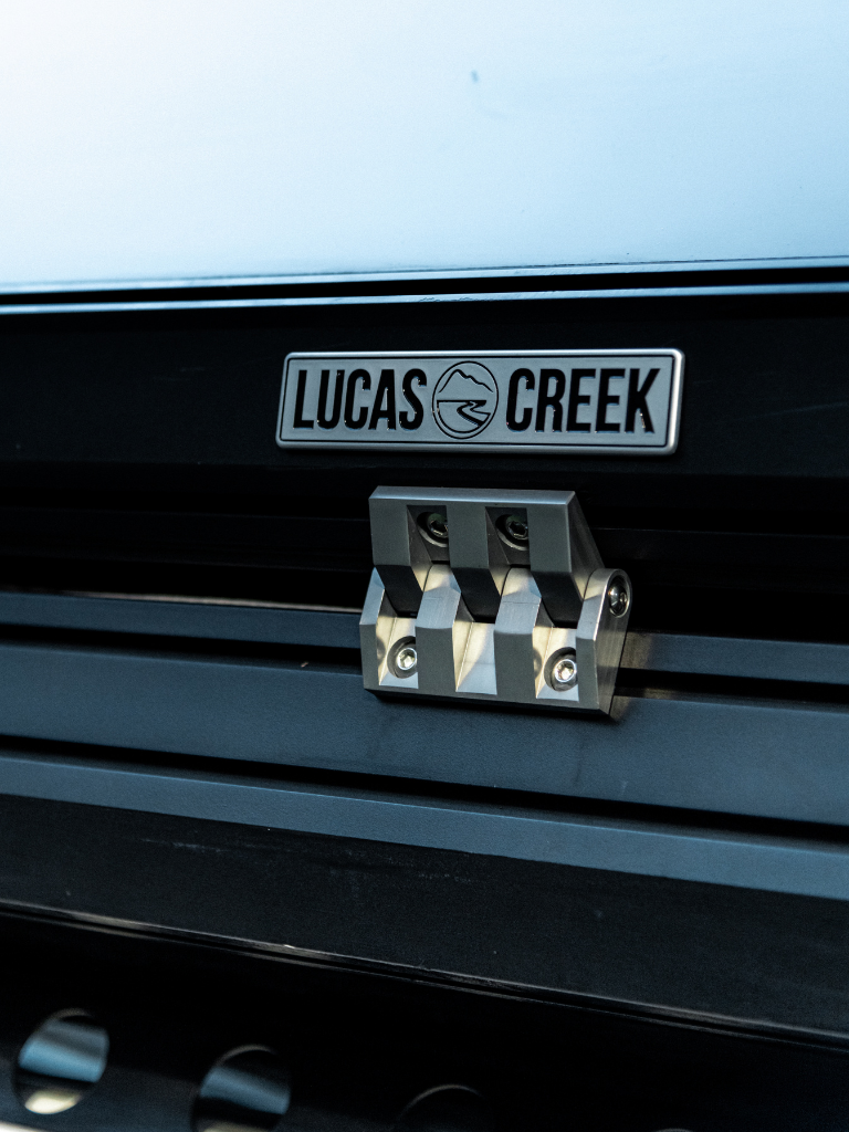 Close up photo of the CNC hinges that make the Lucas Creek tents stand out from the other brands - solid, practical and great looking