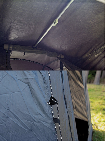 A Lucas Creek soft shell roof top tent showing the ladder cover support pole. 
