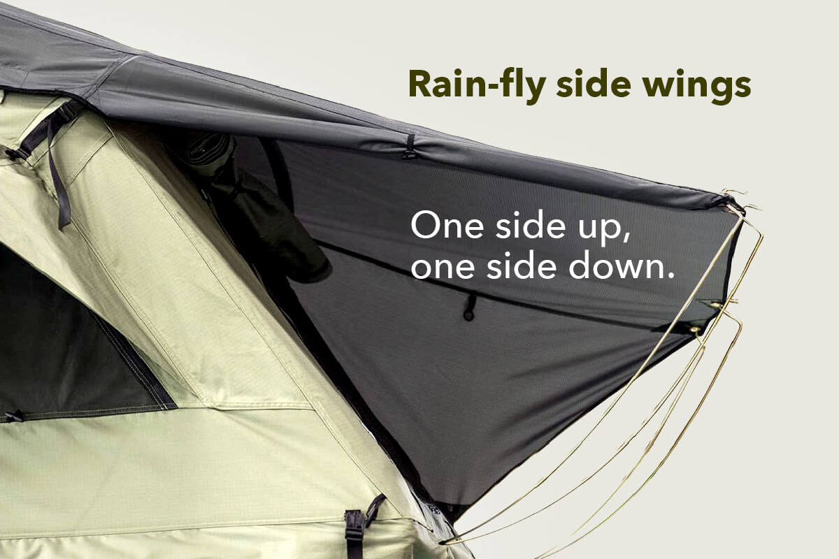Lucas Creek Roof Top Tent rain-fly wings one side open